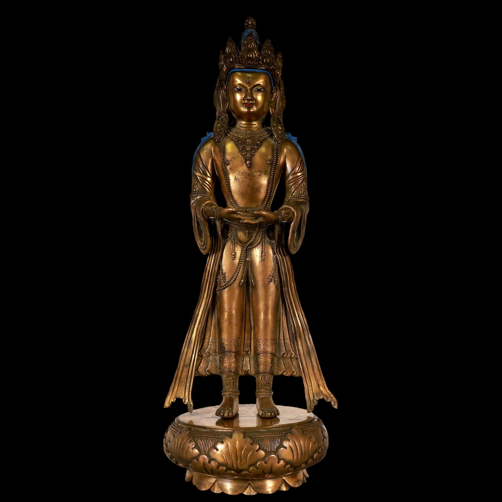 An Exquisite Gilt Bronze Statue of Gautama’s Mother: An Exquisite Gilt Bronze Statue of Gautama’s Mother Ming Dynasty, China Size:4.3inx4.3inx13in Weight:2650g铜鎏金佛母造像 中国明代