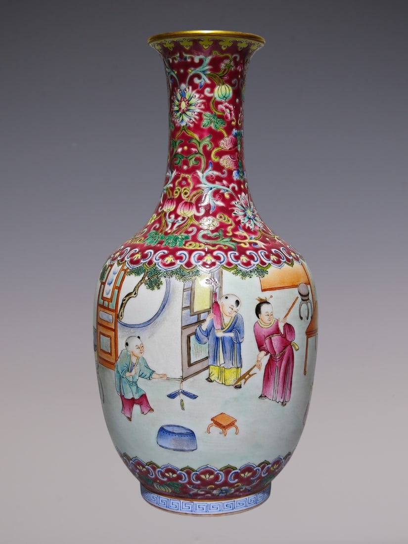 An Exquisite Famille-Rose Ruby Red-Glazed Lotus Pattern Character and Story Pattern Vase: An Exquisite Famille-Rose Ruby Red-Glazed Lotus Pattern Character and Story Pattern Vase Qing Dynasty, China Jiaqing Six-character Mark Size:9.8inx4.9in粉彩胭脂红瓜