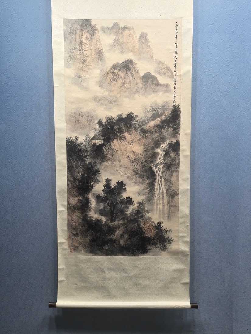 A Chinese Vertical Scroll Ink Painting of Landscape on Paper: A Chinese Vertical Scroll Ink Painting of Landscape on Paper Fu baoshi Without frame Size:26.6inx55.1in傅抱石山水人物 纸本立轴Without