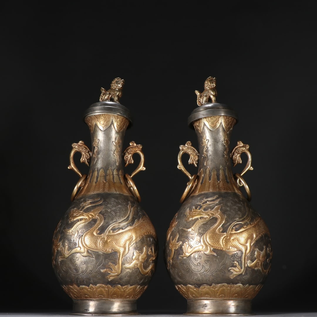 A Pair of Exquisite Gilt Bronze and Silver Dragon Pattern Double-Ears Vase (1 of 9)