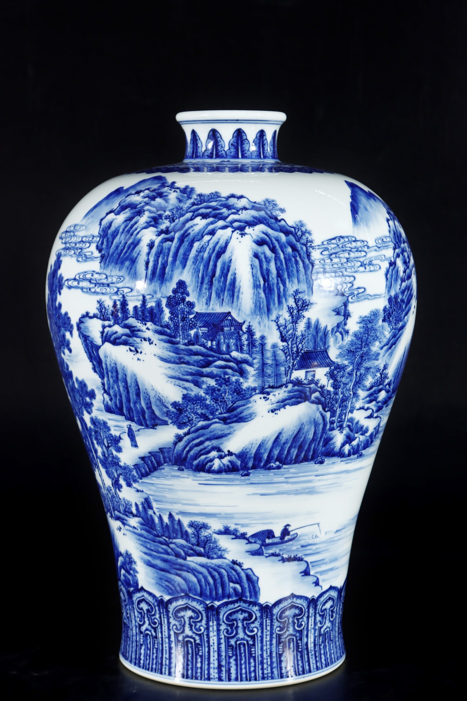 An Exquisite Blue and White Landscape and Figure Pattern Vase: An Exquisite Blue and White Landscape and Figure Pattern Vase Qing Dynasty, China Qianlong Six-character Mark Size:17inx11in青花山水人家纹梅瓶 