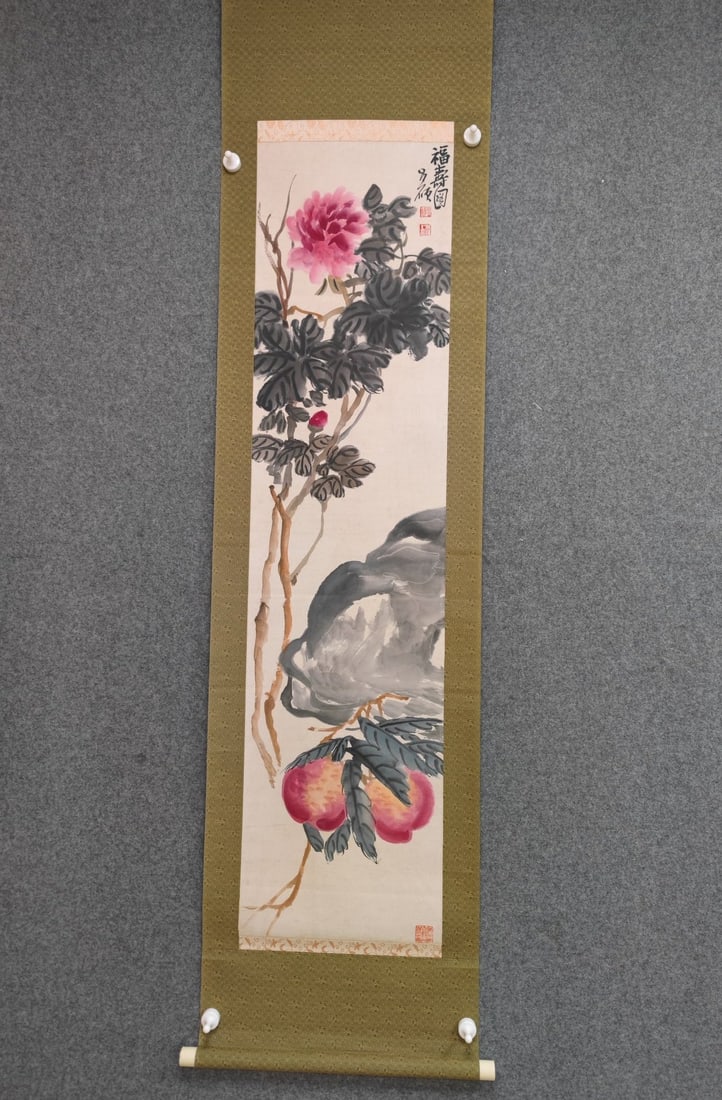 A Chinese Vertical Scroll Ink Painting of Flower and Fruit on Paper: A Chinese Vertical Scroll Ink Painting of Flower and Fruit on Paper Wu changshuo Without frame Size:13.2inx53in吴昌硕写意花卉 纸本立轴