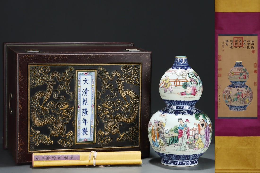 An Exquisite Famille-Rose Blue and White Painted Gold Character and Story Pattern Gourd-Shaped Vase: An Exquisite Famille-Rose Blue and White Painted Gold Character and Story Pattern Gourd-Shaped Vase Qing Dynasty, China Qianlong Six-character Mark Without frame Size:26inx12.6in