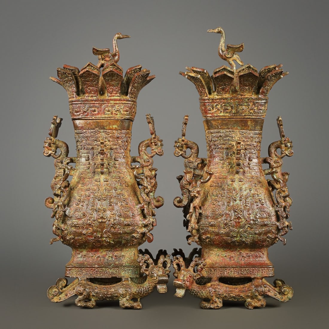 A Pair of Exquisite Bronze Bird Pattern Vase: A Pair of Exquisite Bronze Bird Pattern Vase W.Zhou , China Size:5.5inx4.3inx13in Weight:5400g青铜连鹤方瓶一对 西周时期