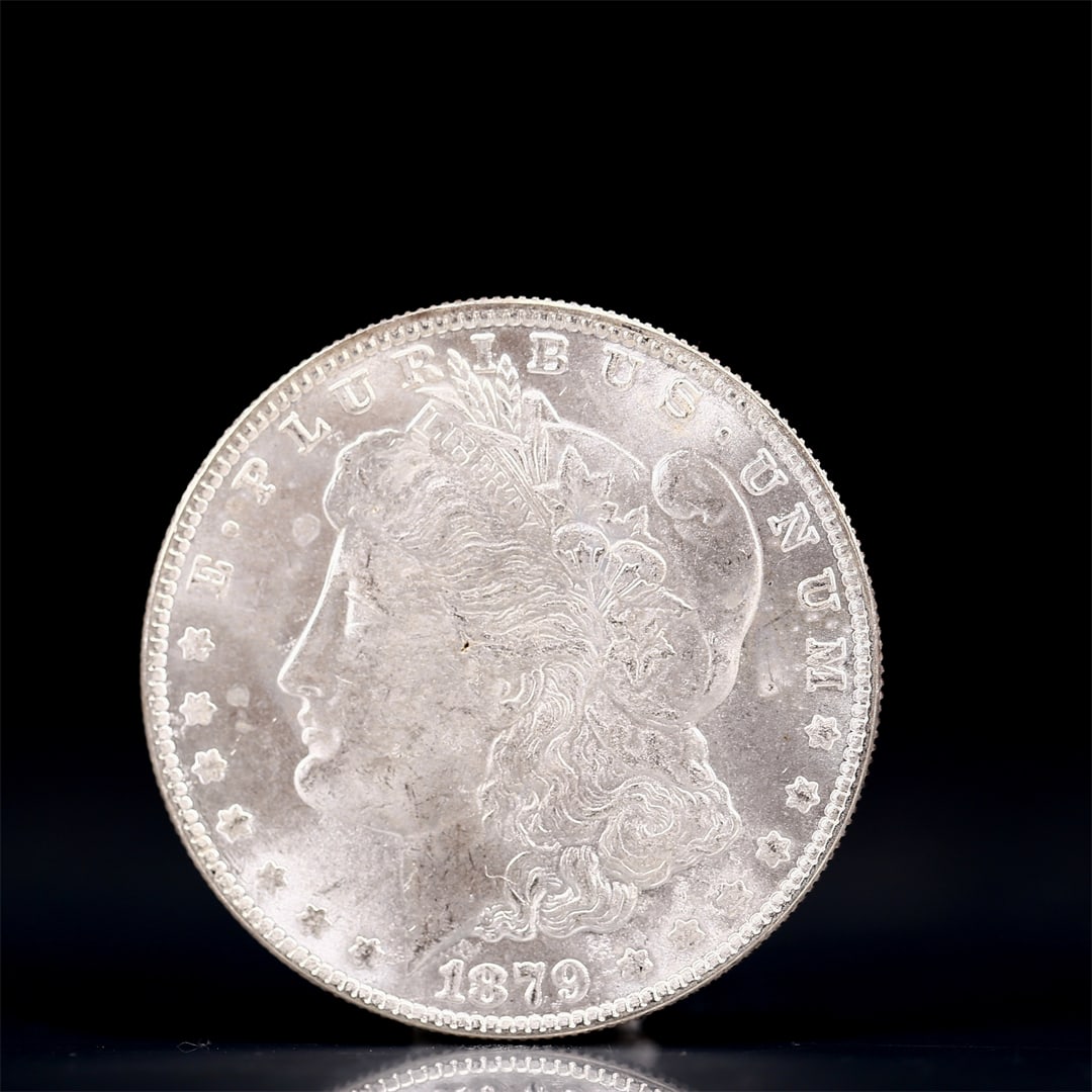 USA Morgan Dollar 1879 Coin: Obv: profile bust with date below and E PLURIBUS UNUM legend and stars around. Rev: eagle with In God we trust above within wreath with UNITED STATES OF AMERICA ONE DOLLAR legend. IN GOD WE TRUST / LI