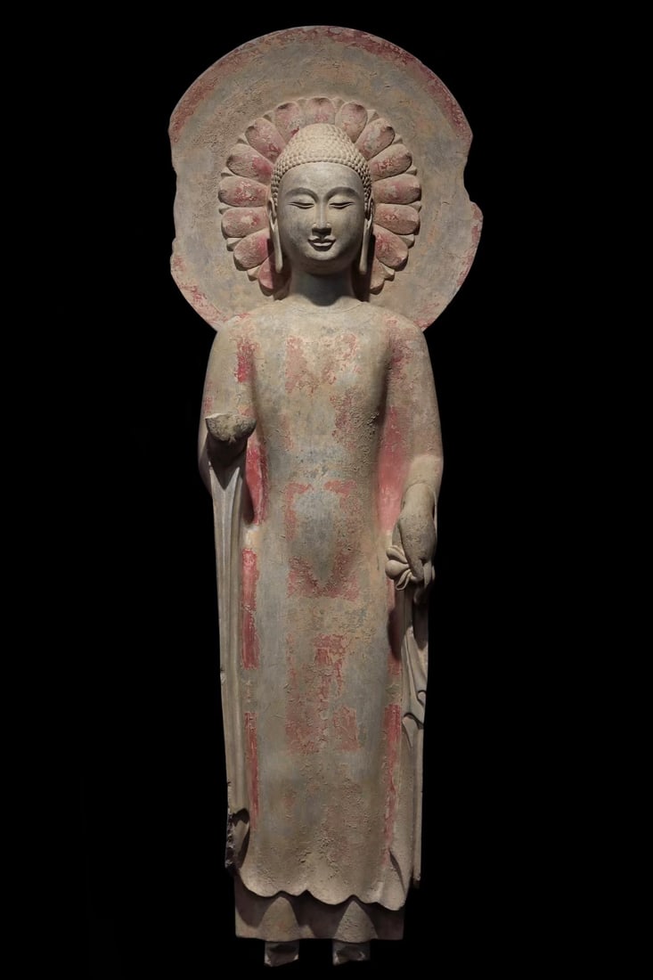 An Exquisite Limestone Painted Color Buddha Statue: An Exquisite Limestone Painted Color Buddha Statue N.Qi , China Size:40.2in青石彩绘佛造像 中国北齐Size:102cm