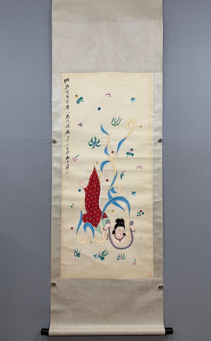 A Chinese Vertical Scroll Ink Painting of Figure on Paper: A Chinese Vertical Scroll Ink Painting of Figure on Paper Zhang daqian Without frame Size:22.8inx50.4in张大千飞天图 纸本立轴Without frame