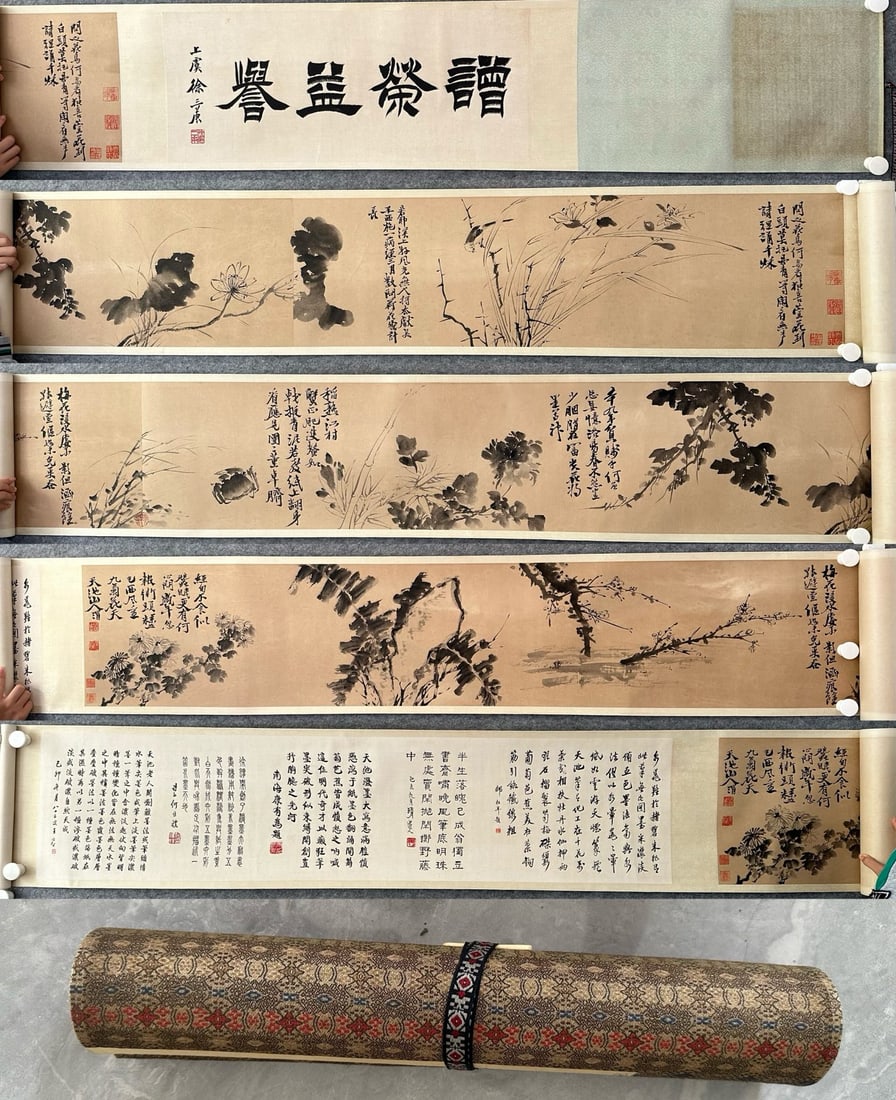 A Chinese Hand Scroll Ink Painting of Flower and Bird on Paper: A Chinese Hand Scroll Ink Painting of Flower and Bird on Paper Xu wei Without frame Size:12.2inx186.2in徐渭花鸟 纸本手卷Without frame Size:31cmx473cm