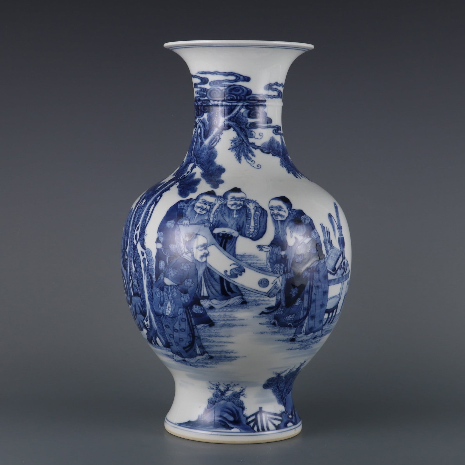 An Exquisite Blue and White Character and Story Pattern Vase: An Exquisite Blue and White Character and Story Pattern Vase Qing Dynasty, China Qianlong Six-character Mark Size:14.8in青花五老图罗汉尊瓶