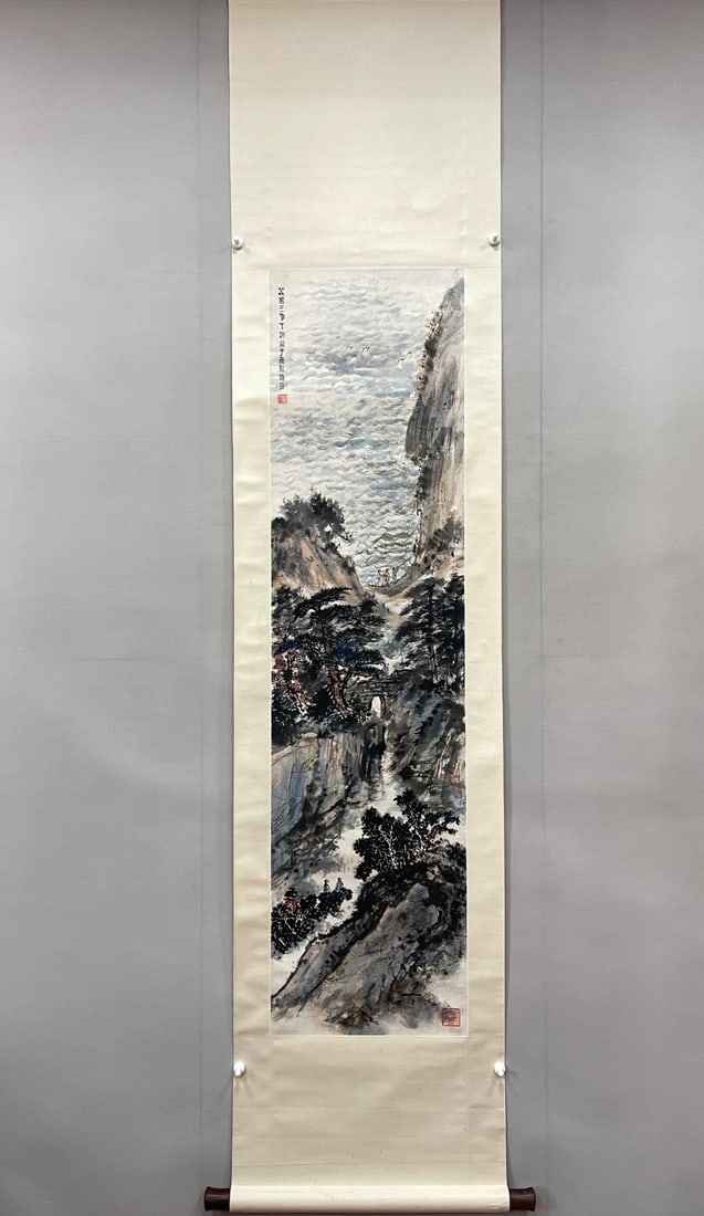 A Chinese Vertical Scroll Ink Painting of Landscape and Figure on Paper: A Chinese Vertical Scroll Ink Painting of Landscape and Figure on Paper Fu baoshi Without frame Size:54.7inx13.4incm傅抱石山水人物图 纸本