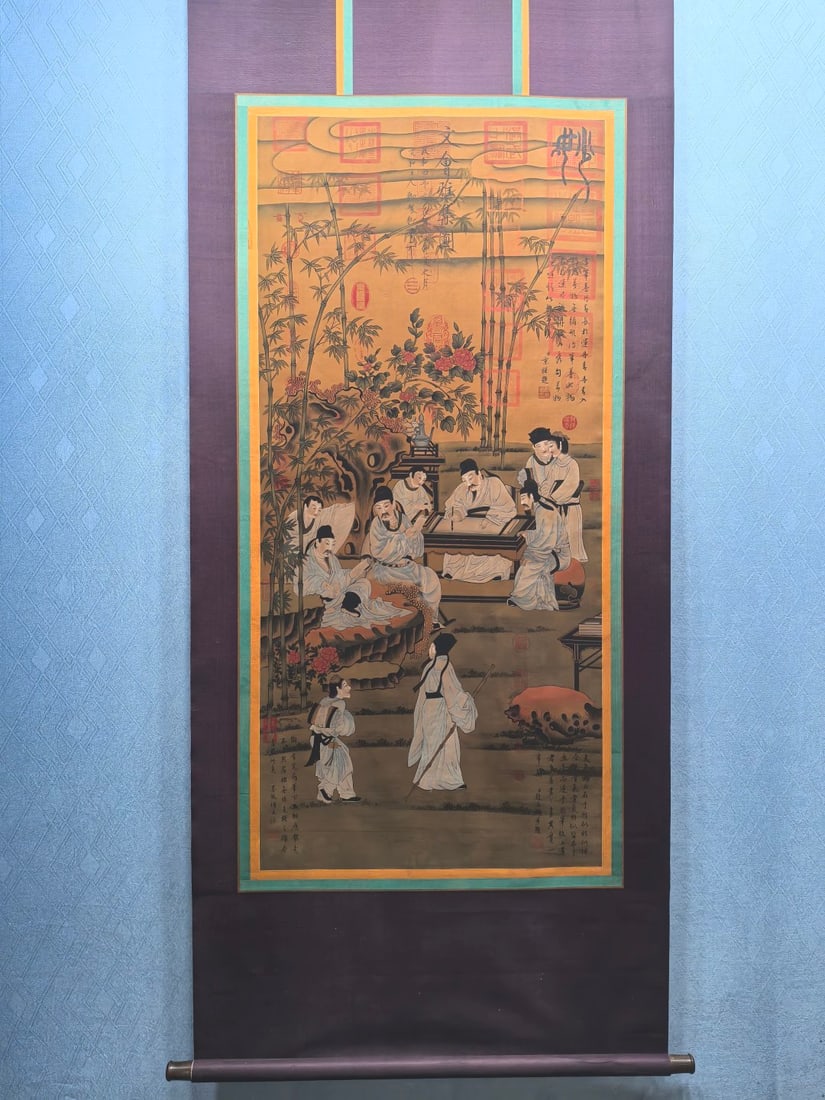A Chinese Vertical Scroll Ink Painting of Character and Story on Silk: A Chinese Vertical Scroll Ink Painting of Character and Story on Silk Song huizong Without frame Size:25.8inx56.5in宋徽宗文會雅集图