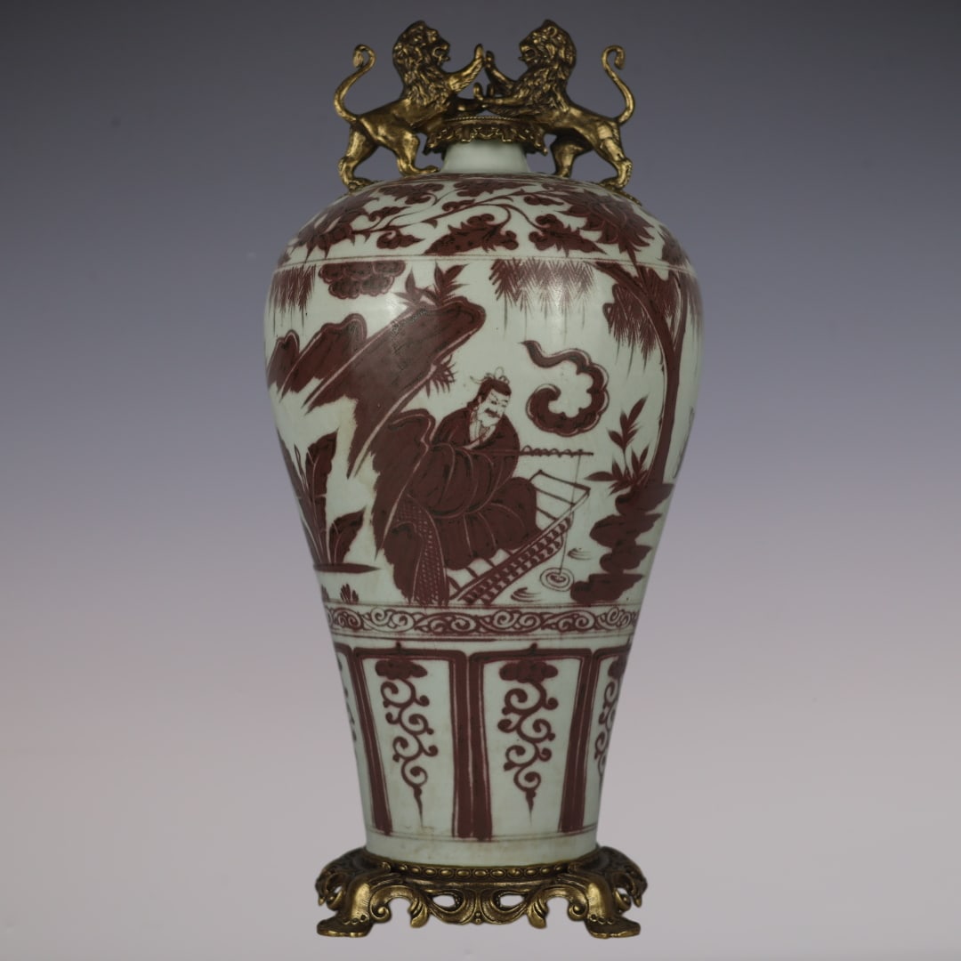 An Exquisite Blue and White Underglaze-Red Inlaid Bronze Character and Story Pattern Lotus Pattern: An Exquisite Blue and White Underglaze-Red Inlaid Bronze Character and Story Pattern Lotus Pattern Double-Ears Vase Yuan Dynasty, China Size:21.3inx9.1in青花釉里红人