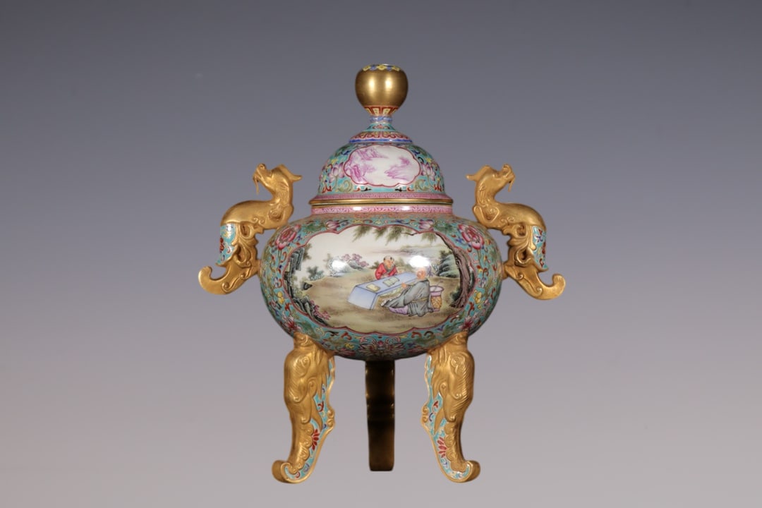 An Exquisite Enamel Painted Gold Lotus Pattern Character and Story Pattern Double-Ears and Tripod: An Exquisite Enamel Painted Gold Lotus Pattern Character and Story Pattern Double-Ears and Tripod Censer Qing Dynasty, China Yongzheng Four-character Mark Size:14.6inx4.9in珐琅彩