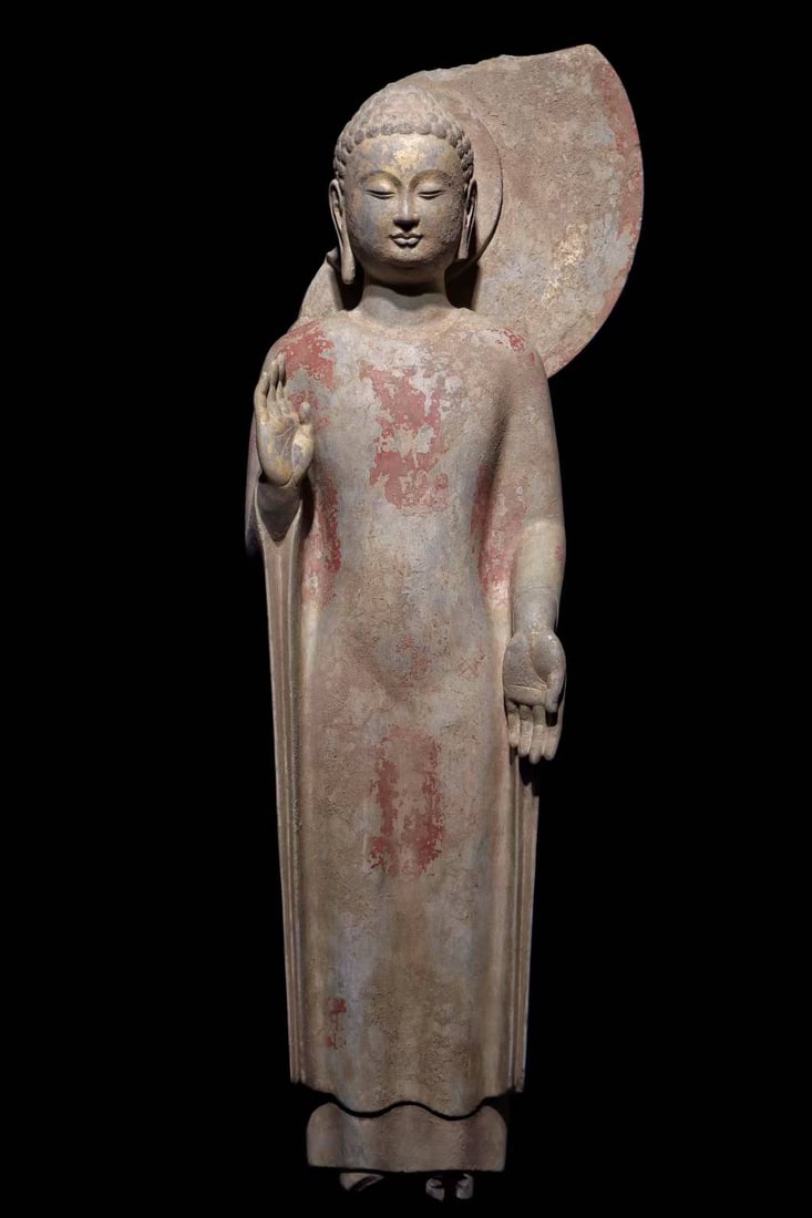 An Exquisite Limestone Painted Color Buddha Statue: An Exquisite Limestone Painted Color Buddha Statue N.Qi , China Size:34.6in青石彩绘佛造像 中国北齐Size:88cm