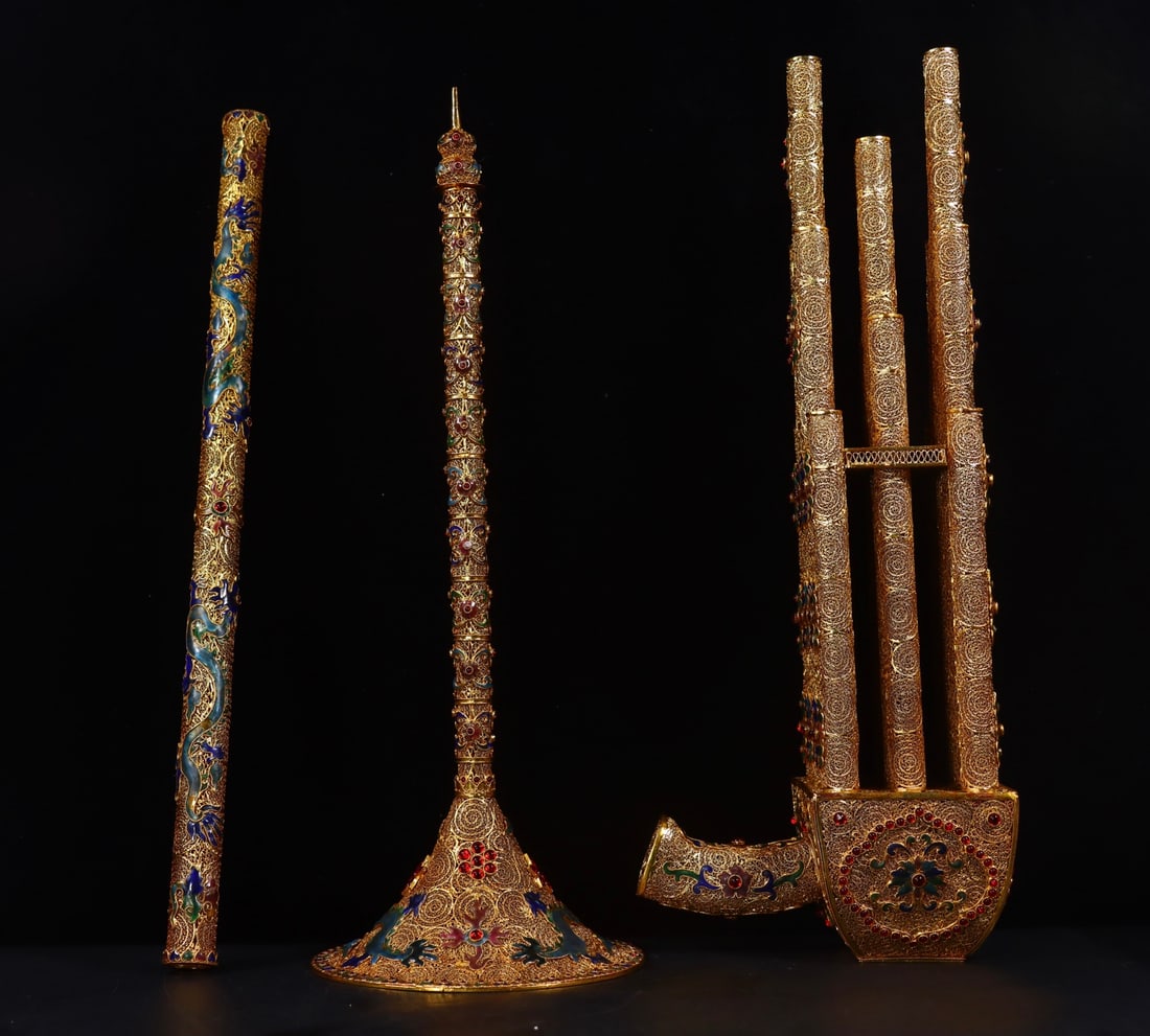 A Set of Fine Gilt Bronze Inlaid Gems Dragon Pattern Musical instrument - 2