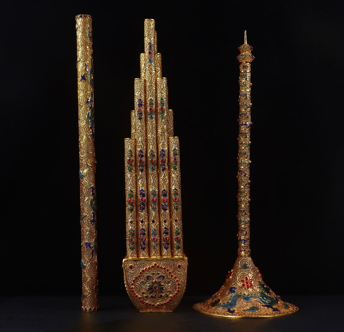 A Set of Fine Gilt Bronze Inlaid Gems Dragon Pattern Musical instrument - 3