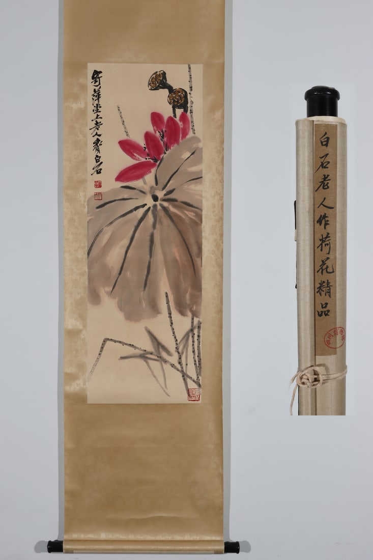 A Chinese Vertical Scroll Ink Painting of Flower on Paper: A Chinese Vertical Scroll Ink Painting of Flower on Paper Qi baishi Without frame Size:39.6inx13.4in齐白石作荷花圖 纸本立轴Without fra