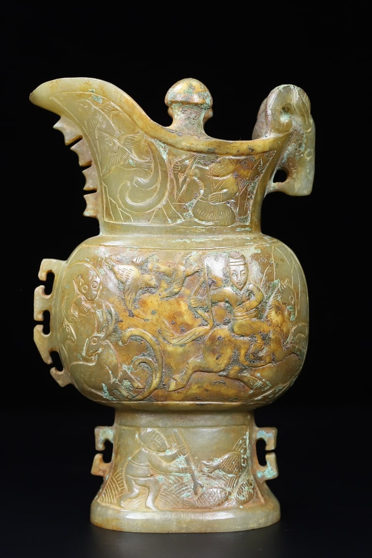 An Exquisite White Jade Character and Story Pattern Goblet: An Exquisite White Jade Character and Story Pattern Goblet Han Dynasty, China Size:6.8inx4.4inx2.5in Weight:893.5g白玉羊首爵杯 中国汉代 Size