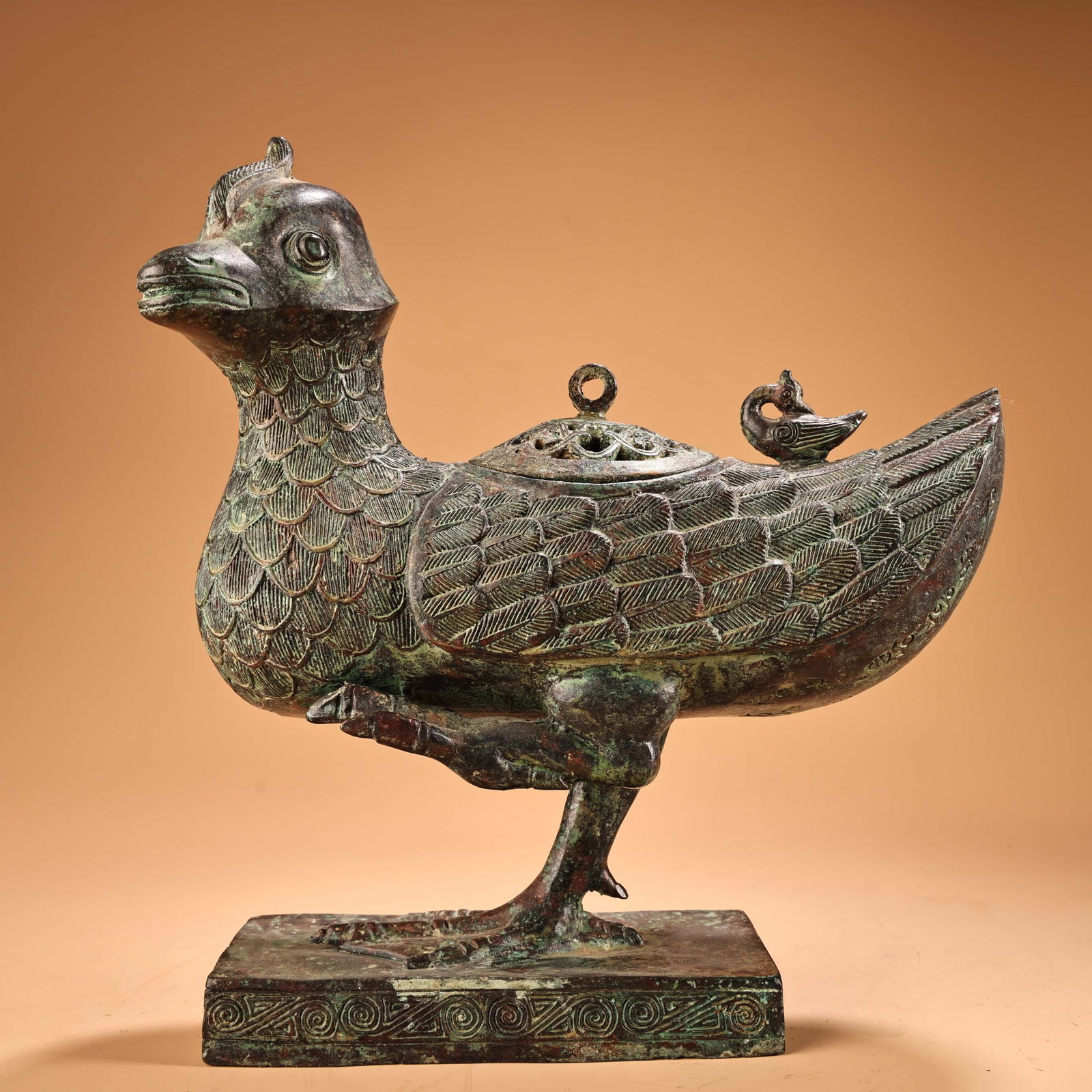 An Exquisite Bronze With Inscription Duck-Shaped Censer: An Exquisite Bronze With Inscription Duck-Shaped Censer Han Dynasty, China Size:10.2inx9.4in Weight:2400g青铜鸭子熏香炉 中国汉代