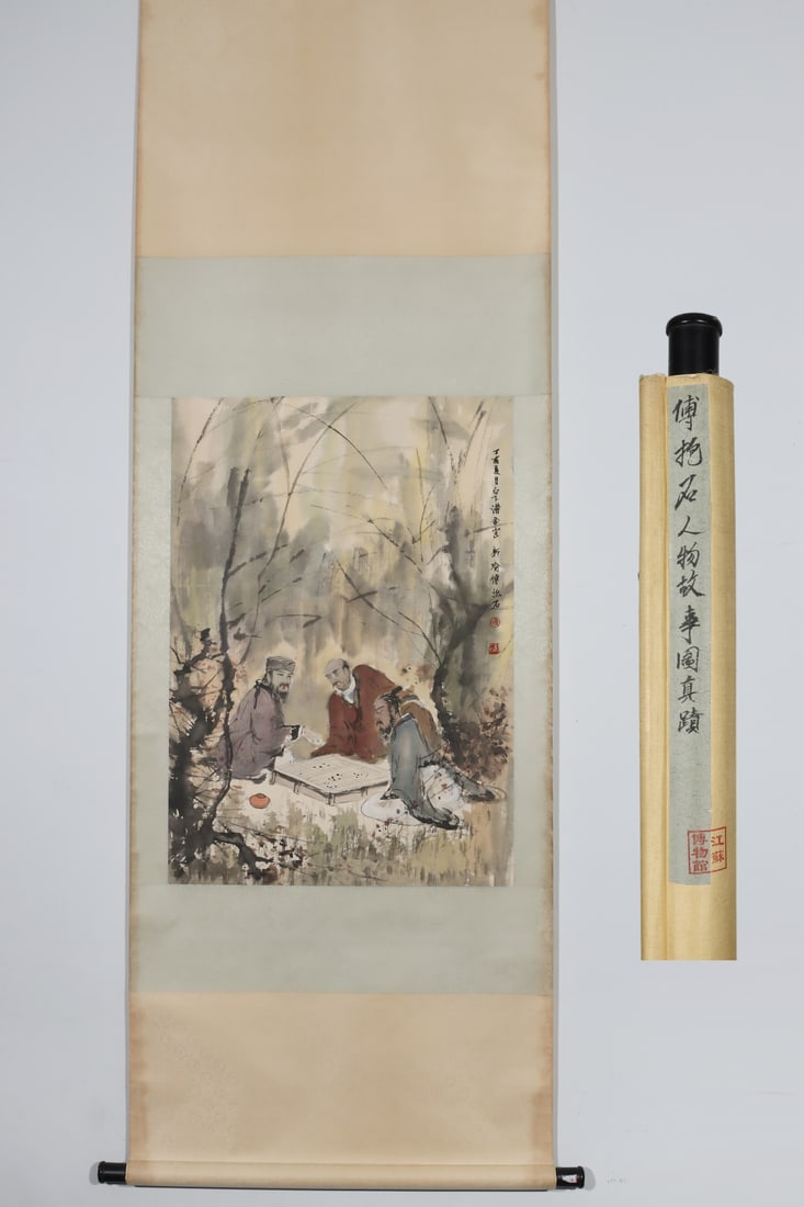 A Chinese Vertical Scroll Ink Painting of Character and Story on Paper: A Chinese Vertical Scroll Ink Painting of Character and Story on Paper Fu baoshi Without frame Size:31.9inx22.4in傅抱石人物故事圖