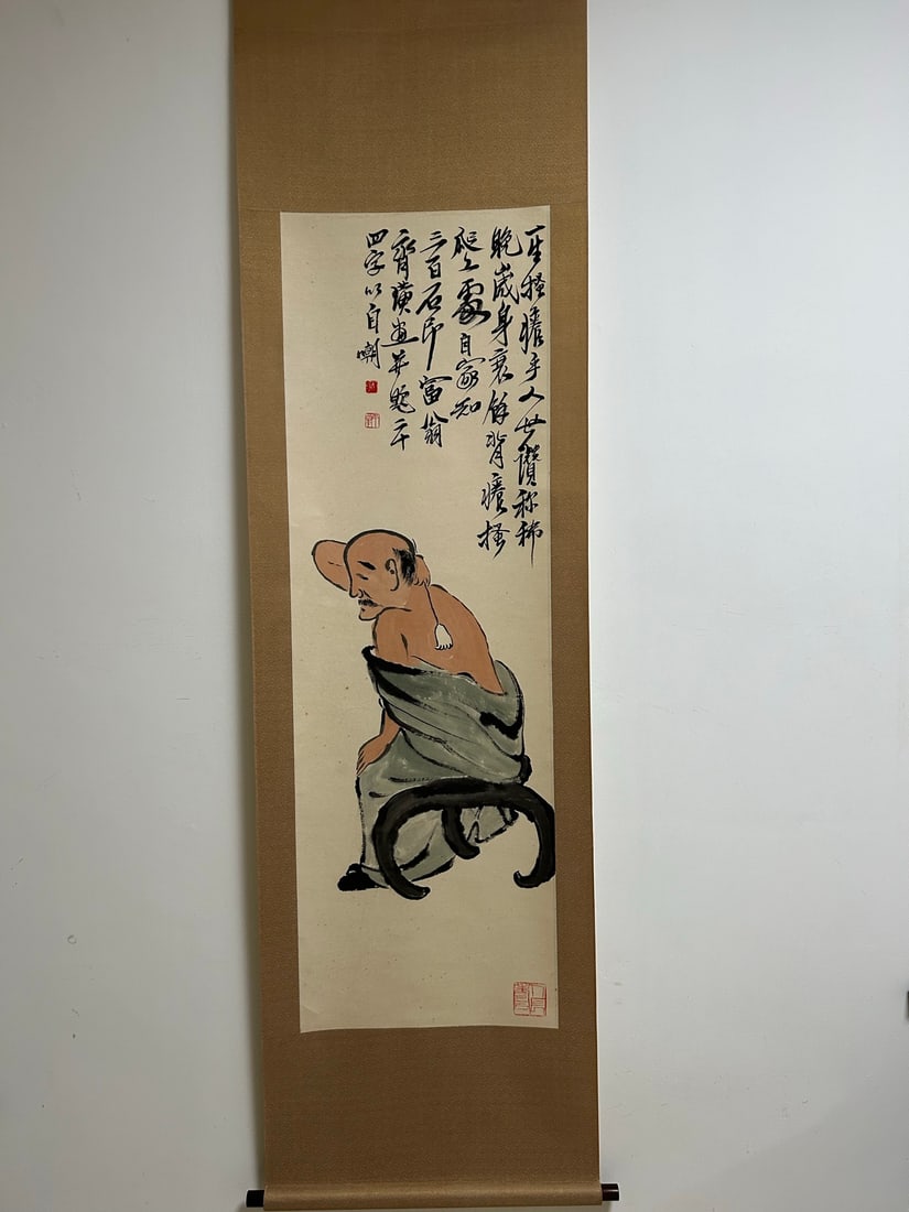 A Chinese Vertical Scroll Ink Painting of Figure on Paper: A Chinese Vertical Scroll Ink Painting of Figure on Paper Qi baishi Without frame Size:447.6inx17.3in齐白石人物 纸本立轴Without frame