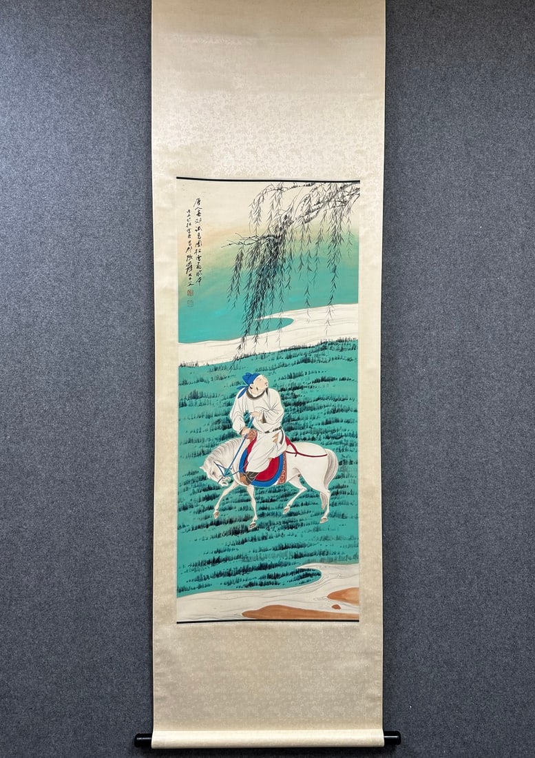A Chinese Vertical Scroll Ink Painting of Figure Riding Horse on Paper: A Chinese Vertical Scroll Ink Painting of Figure Riding Horse on Paper Zhang daqian Without frame Size:48inx19.7in张大千春郊试马图 纸本ĺ