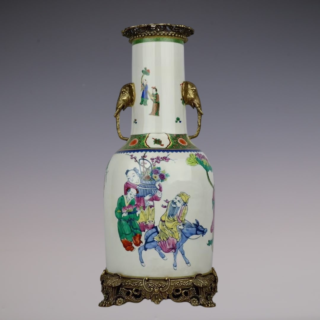 An Exquisite Wucai Inlaid Bronze Character and Story Pattern Double-Ears Vase: An Exquisite Wucai Inlaid Bronze Character and Story Pattern Double-Ears Vase Qing Dynasty, China Kangxi Six-character Mark
