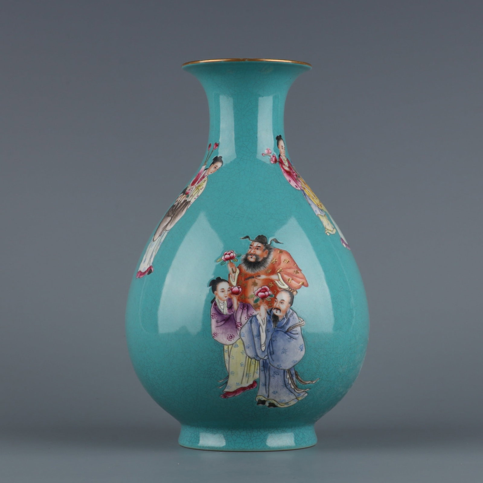 An Exquisite Famille-Rose Green Ground Character and Story Pattern Vase: An Exquisite Famille-Rose Green Ground Character and Story Pattern Vase Qing Dynasty, China Qianlong Six-character Mark Size:7.9in松石绿地粉彩十二഑