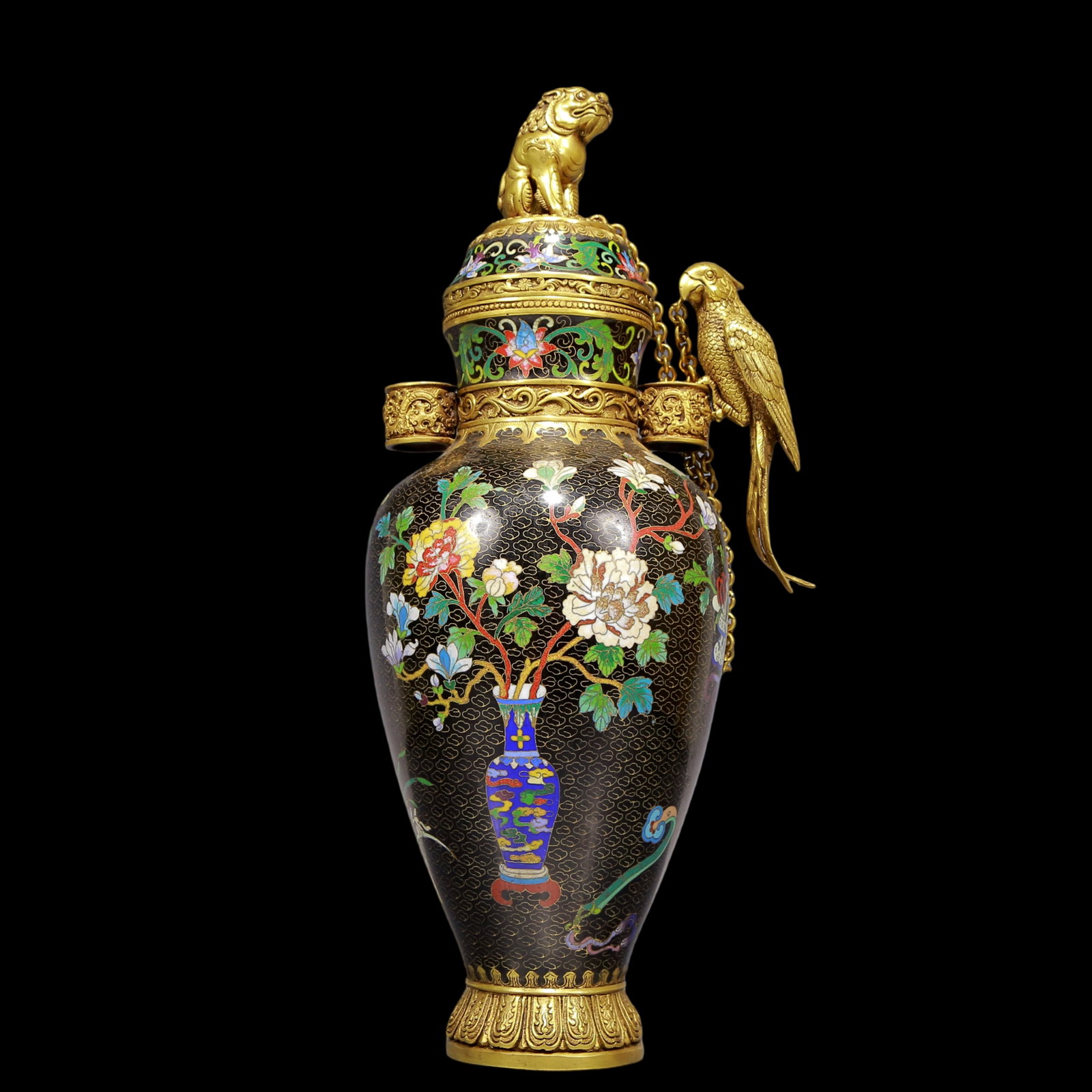 An Exquisite Gilt Bronze Cloisonne Flower and Bird Pattern Vase: An Exquisite Gilt Bronze Cloisonne Flower and Bird Pattern Vase Qing Dynasty, China Qianlong Four-character Mark Size:8.3inx6.3inx19.3in Weight:6280g清代 铜鎏金景&#