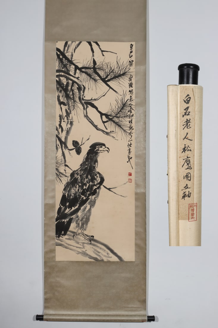 A Chinese Vertical Scroll Ink Painting of Eagle on Paper: A Chinese Vertical Scroll Ink Painting of Eagle on Paper Qi baishi Without frame Size:53.9inx19.5in齐白石松鹰圖 纸本立轴Without frame