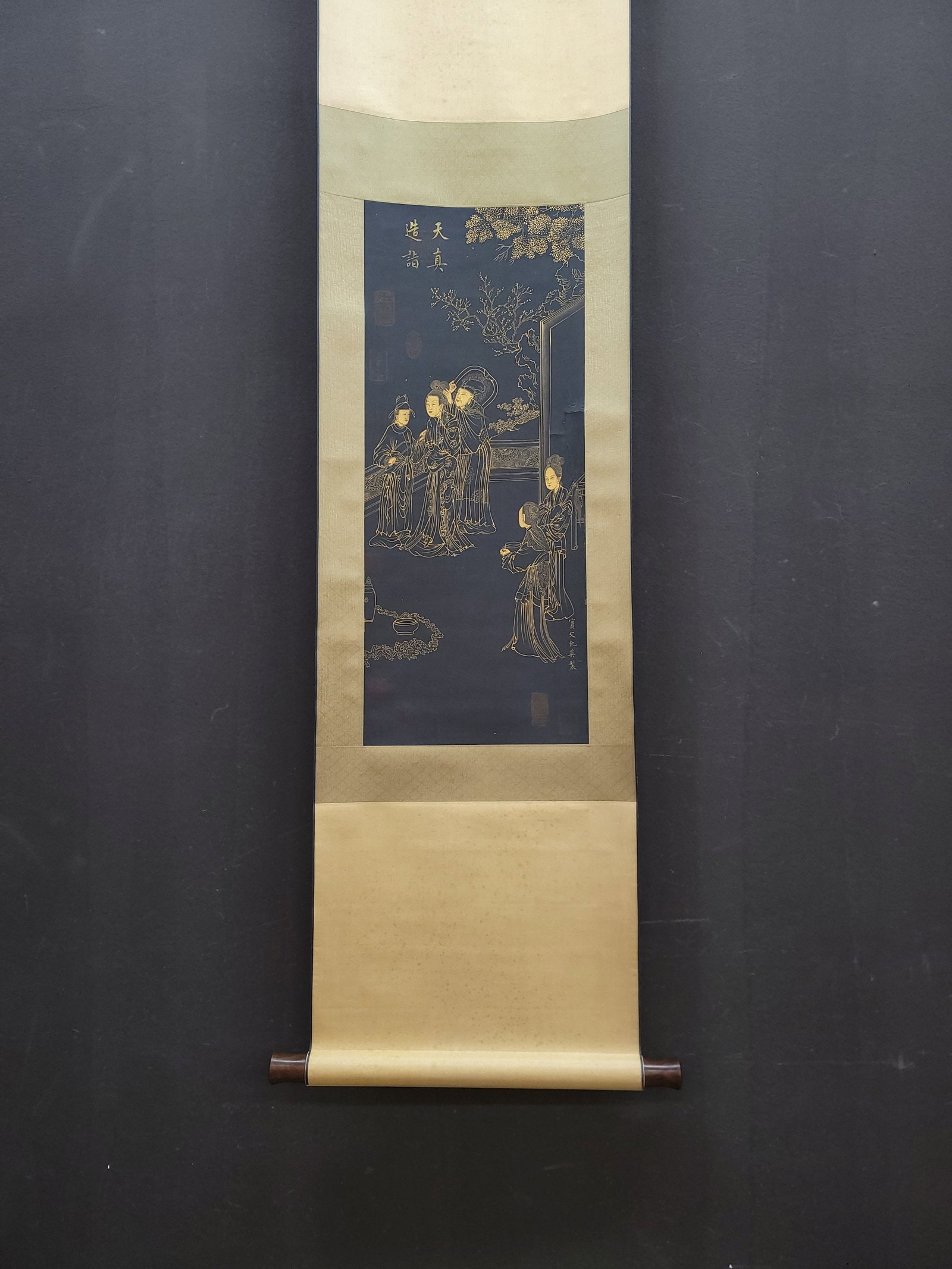 A Chinese Vertical Scroll Ink Painting of Character and Story on Silk: A Chinese Vertical Scroll Ink Painting of Character and Story on Silk Qiu ying Without frame Size:10.9inx26.8in仇英金绘人物 绢本立轴Without 