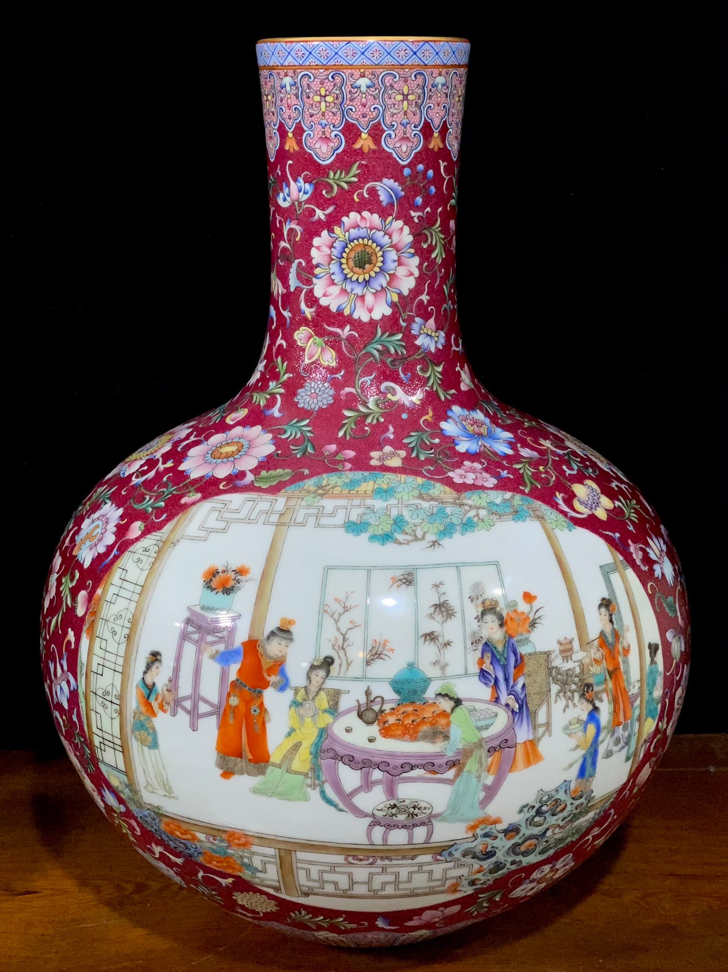 An Exquisite Ruby Red-Glazed Lotus Pattern Character and Story Pattern Vase: An Exquisite Ruby Red-Glazed Lotus Pattern Character and Story Pattern Vase Qing Dynasty, China Qianlong Six-character Mark Size:20.3inx15.7in胭脂红扒花缠枝&#