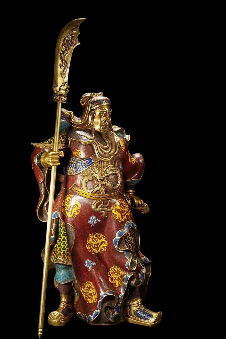 An Exquisite Cloisonne Guan yu Ornament: An Exquisite Cloisonne Guan yu Ornament Qing Dynasty, China Qianlong Four-character Mark Size:26.4inx9.8in Weight:12kg景泰蓝关羽摆件