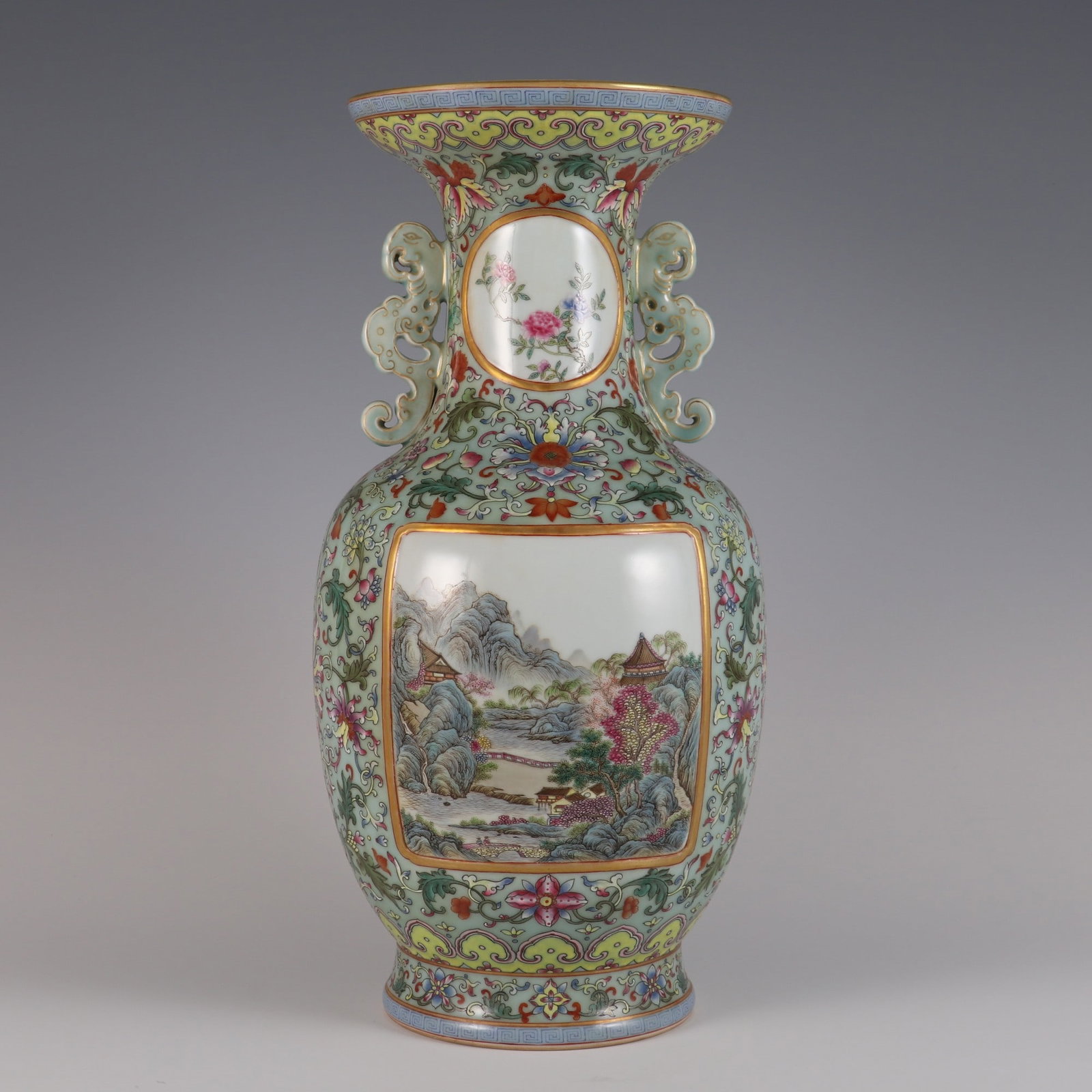 An Exquisite Famille-Rose Celadon Glazed Lotus Pattern Landscape Pattern Double-Ears Vase: An Exquisite Famille-Rose Celadon Glazed Lotus Pattern Landscape Pattern Double-Ears Vase Qing Dynasty, China Qianlong Six-character Mark