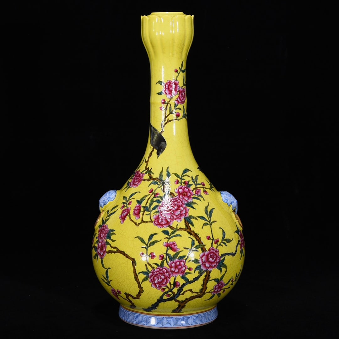 An Exquisite Famille-Rose Flower and Bird Pattern with poem Double-Ears Vase: An Exquisite Famille-Rose Flower and Bird Pattern with poem Double-Ears Vase Qing Dynasty, China Yongzheng Six-character Mark