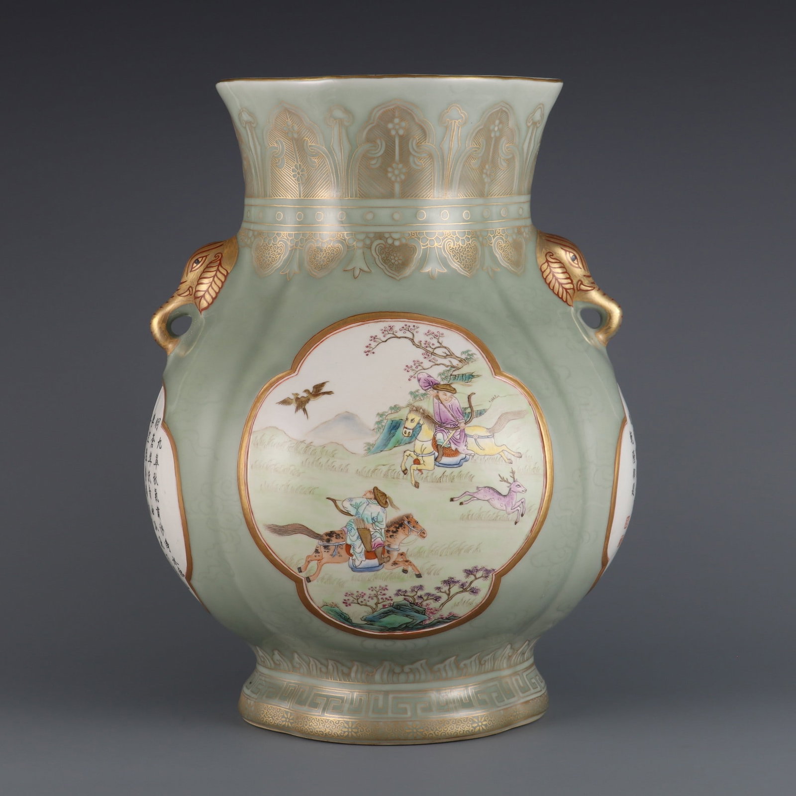 An Exquisite Famille-Rose Celadon Glazed Painted Gold Character and Story Pattern with poem: An Exquisite Famille-Rose Celadon Glazed Painted Gold Character and Story Pattern with poem Double-Ears Vase Qing Dynasty, China Qianlong Six-character Mark