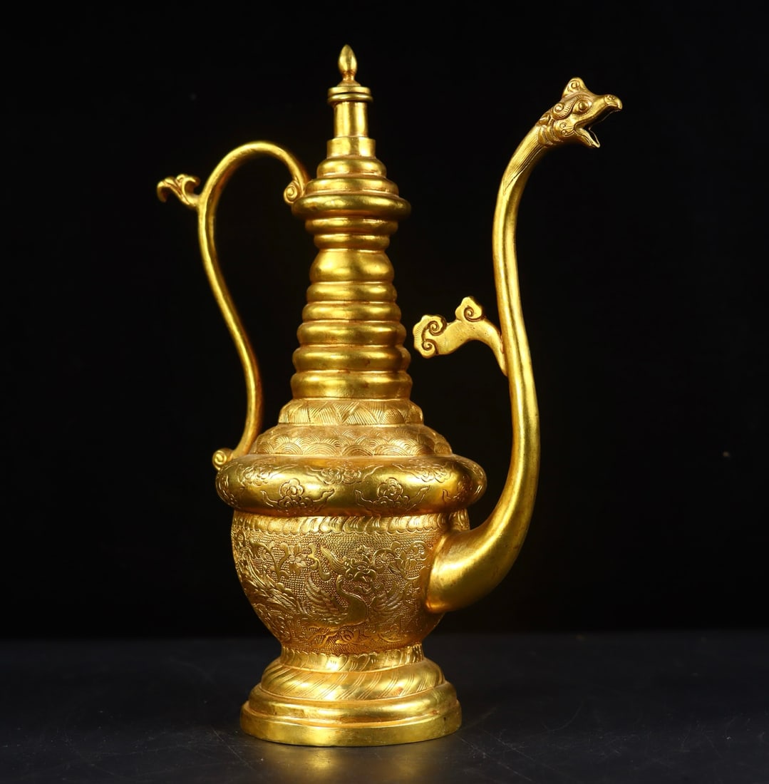 An Exquisite Gilt Bronze Phoenix Pattern Lotus Pattern Ewer - 2