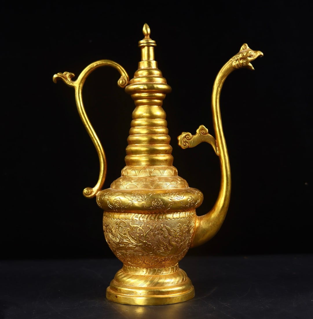 An Exquisite Gilt Bronze Phoenix Pattern Lotus Pattern Ewer - 3