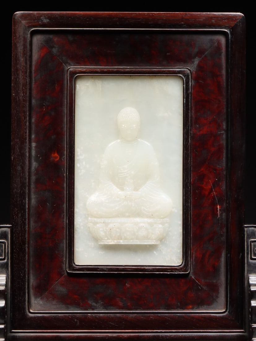 An Exquisite White Jade Buddha Statue Pattern With Scriptures Ornament - 2
