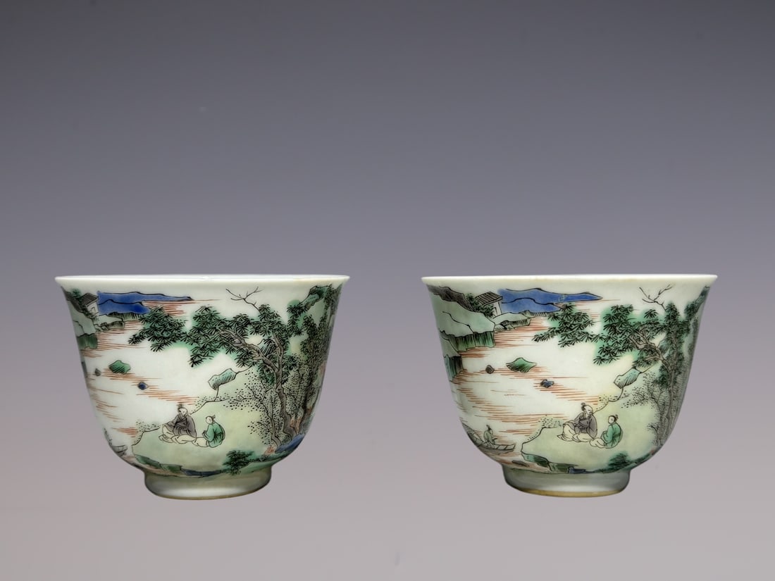 An Exquisite Wucai Landscape and Figure Pattern Cup: An Exquisite Wucai Landscape and Figure Pattern Cup Qing Dynasty, China Kangxi Six-character Mark Size:1.9inx2.6in五彩山水杯 中国清代