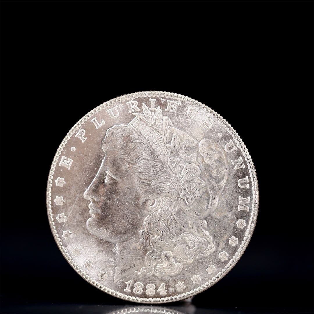 USA Morgan Dollar 1884 Coin: Obv: profile bust with date below and E PLURIBUS UNUM legend and stars around. Rev: eagle with In God we trust above within wreath with UNITED STATES OF AMERICA ONE DOLLAR legend. IN GOD WE TRUST / LI