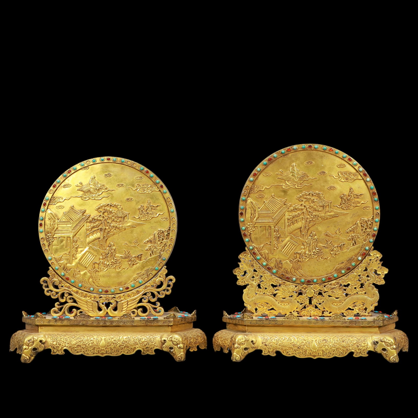 A Exquisite A pair of Gilt Bronze Character and Story Pattern Dragon Pattern Screen: A Exquisite A pair of Gilt Bronze Character and Story Pattern Dragon Pattern Screen Qing Dynasty, China Qianlong Six-character Mark Size:12.2inx6.3inx13in
