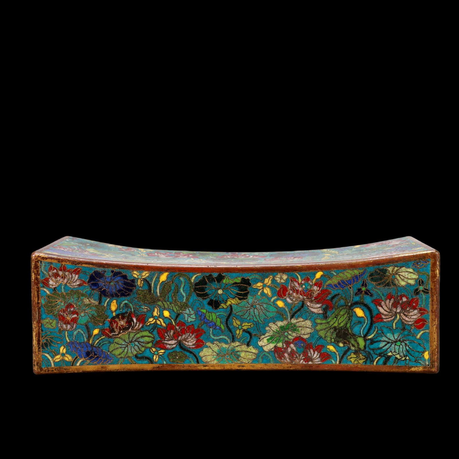 A Exquisite Cloisonne Gilt Bronze Lotus Pattern Pillow: A Exquisite Cloisonne Gilt Bronze Lotus Pattern Pillow Qing Dynasty, China Qianlong Four-character Mark Size:11.4inx4.7inx3.5in Weight:1800g景泰蓝铜鎏金荷!