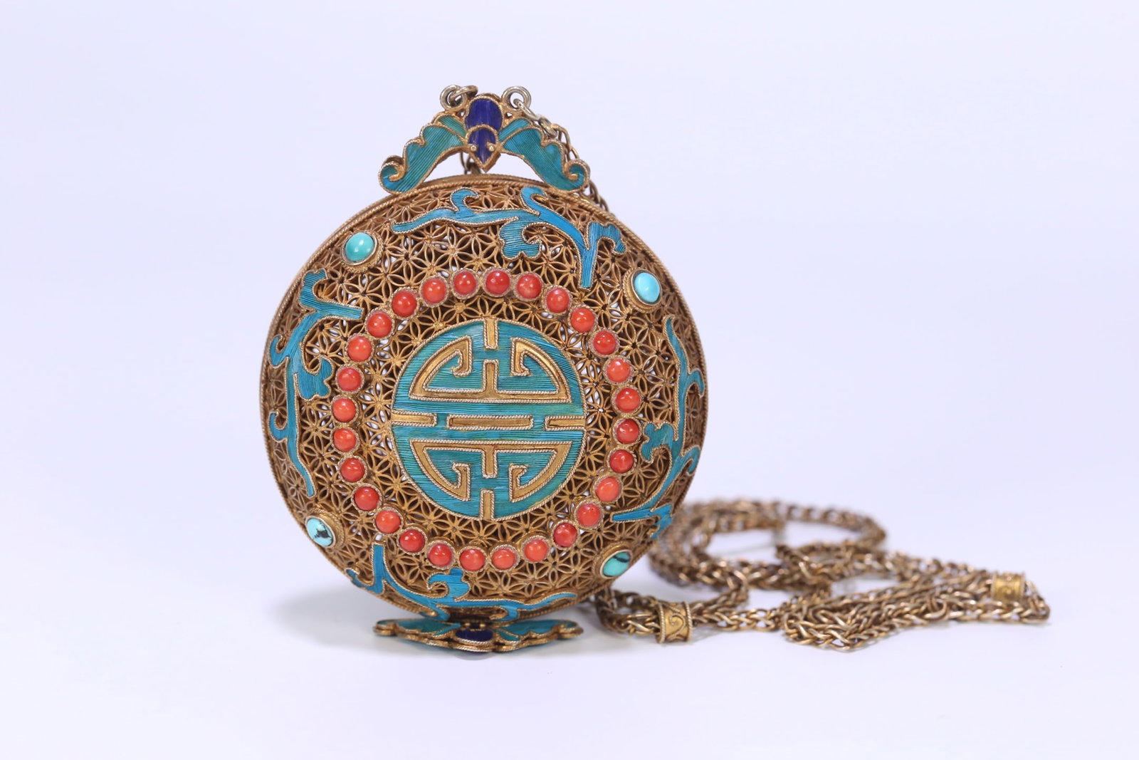 An Exquisite Gilt Silver Inlaid Turquoise Bats and Peach Pattern Pendant - 2