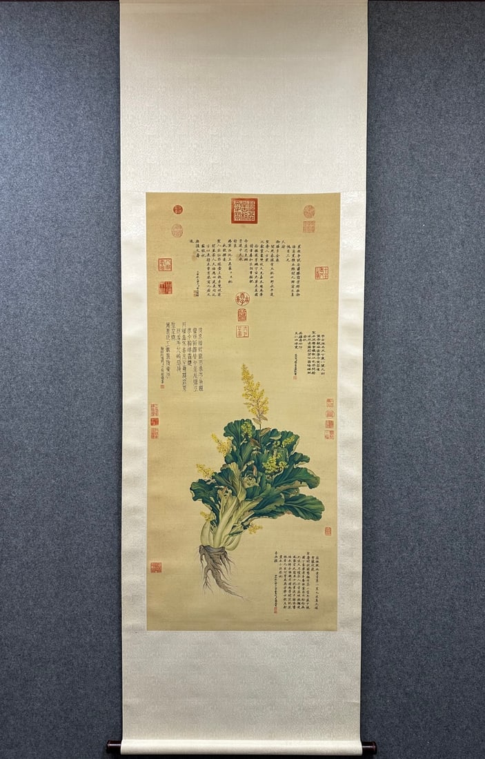 A Chinese Vertical Scroll Ink Painting of vegetables and fruits on Paper: A Chinese Vertical Scroll Ink Painting of vegetables and fruits on Paper Jiang tingxi Without frame Size:53.1inx23.2in蒋廷锡百财图中堂 纸本&