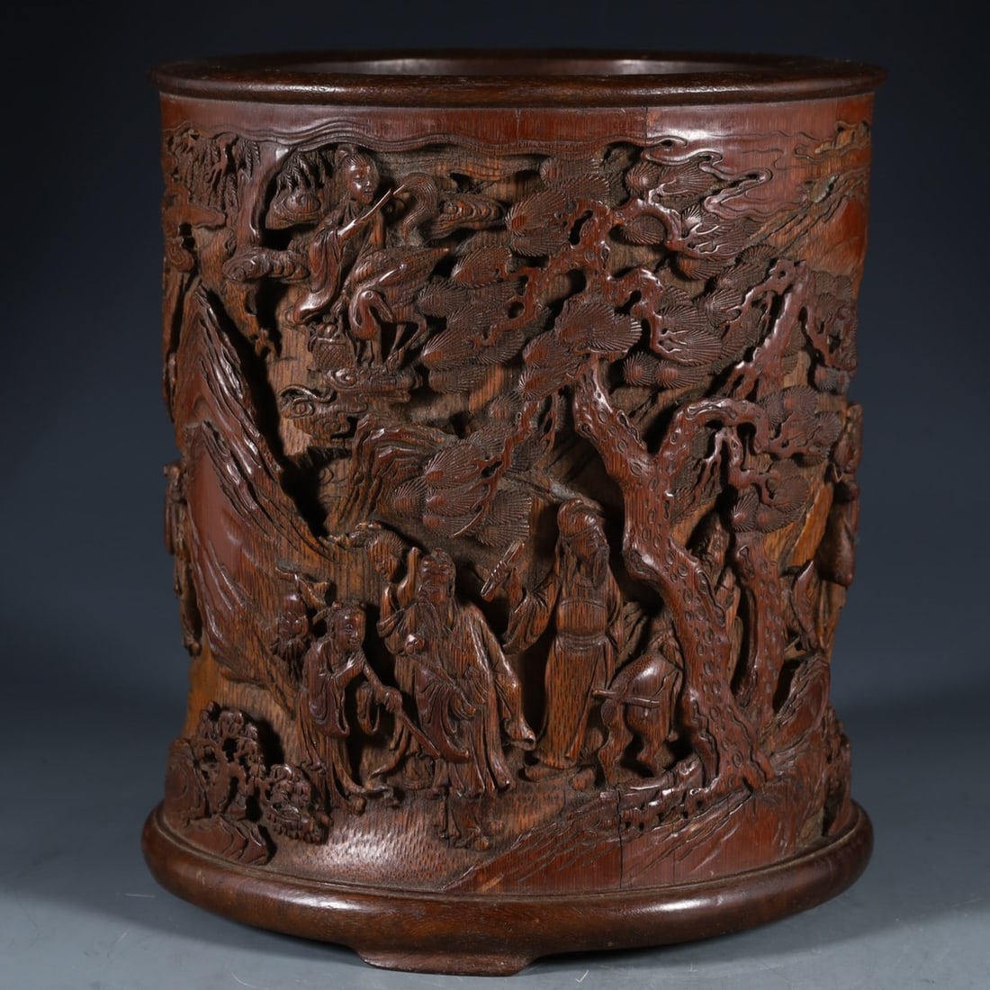 An Exquisite Bamboo Character and Story Pattern Brush Pot: An Exquisite Bamboo Character and Story Pattern Brush Pot Qing Dynasty, China Size:6.2inx5.8inx7in Weight:712g八仙祝寿竹雕笔筒 中国清&