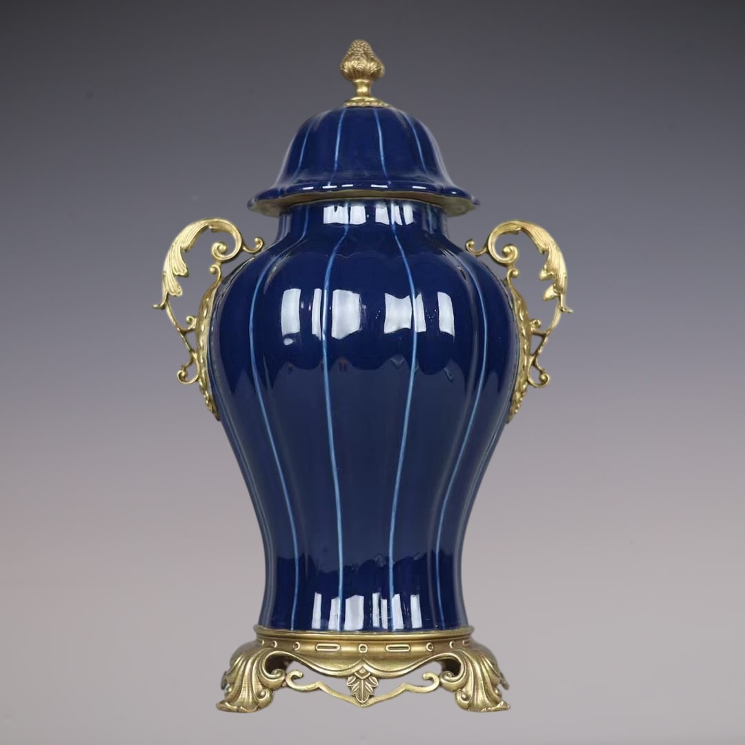 An Exquisite Ji Blue Glazed Inlaid Bronze Double-Ears Jar: An Exquisite Ji Blue Glazed Inlaid Bronze Double-Ears Jar Qing Dynasty, China Yongzheng Six-character Mark