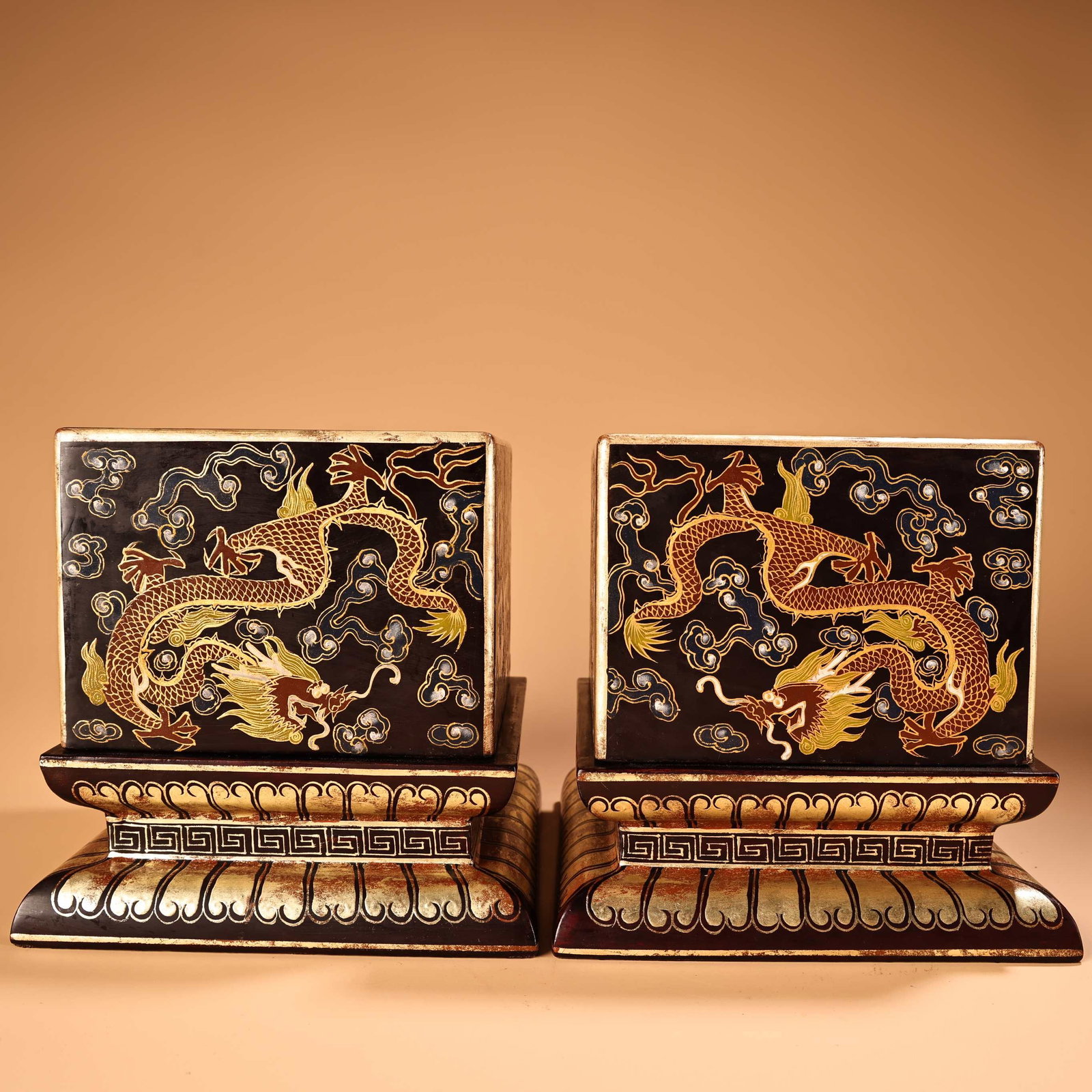 A Pair of Exquisite Black Lacquer Painted Gold Dragon Pattern Box: A Pair of Exquisite Black Lacquer Painted Gold Dragon Pattern Box Qing Dynasty, China Qianlong Four-character Mark Size:5.9inx5.9in