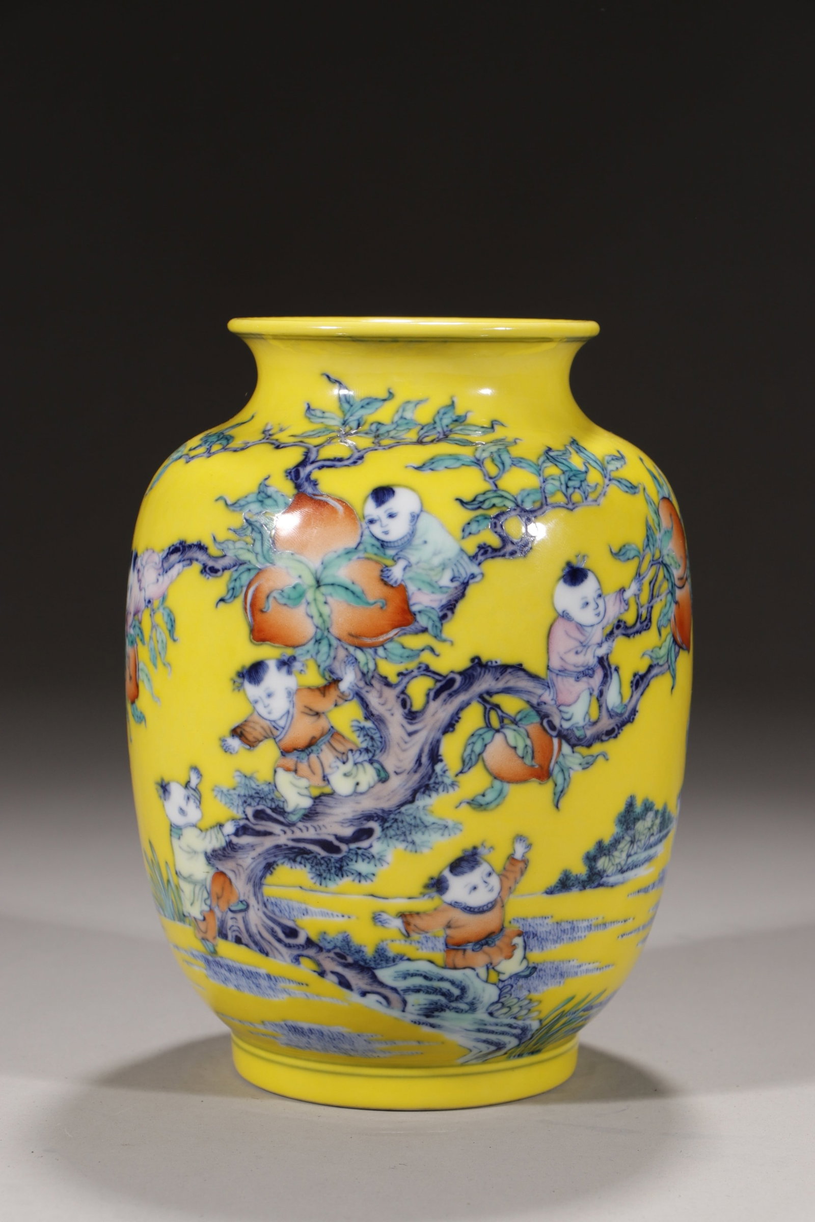 An Exquisite Yellow Ground Doucai Figure Peach Pattern Vase: An Exquisite Yellow Ground Doucai Figure Peach Pattern Vase,Qing Dynasty,China,Yongzheng Six-character Mark,Size:7in