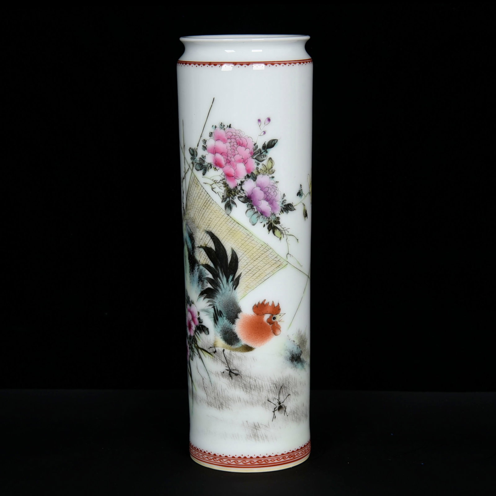 An Exquisite Famille-Rose Rooster and Flower Pattern Brush Pot,with poem (1 of 8)